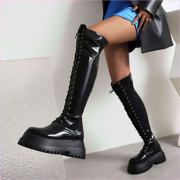 Ladies Knee High Punk Lace-up Round Toe Steampunk Style Boots