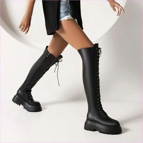 Ladies Knee High Punk Lace-up Round Toe Steampunk Style Boots