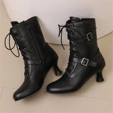 Ladies Mid Heel Lace-up Multi Buckle Ankle Boots