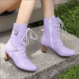 Ladies Mid Heel Lace-up Multi Buckle Ankle Boots