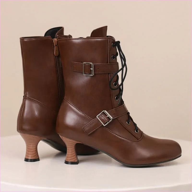 Ladies Mid Heel Lace-up Multi Buckle Ankle Boots