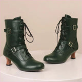 Ladies Mid Heel Lace-up Multi Buckle Ankle Boots