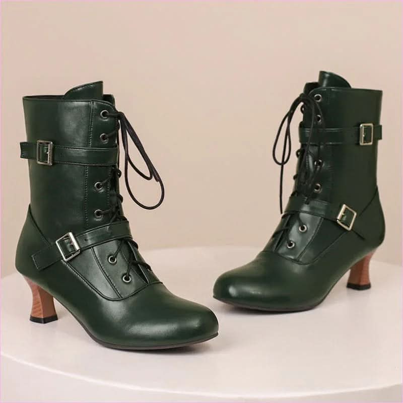 Ladies Mid Heel Lace-up Multi Buckle Ankle Boots