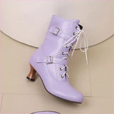 Ladies Mid Heel Lace-up Multi Buckle Ankle Boots