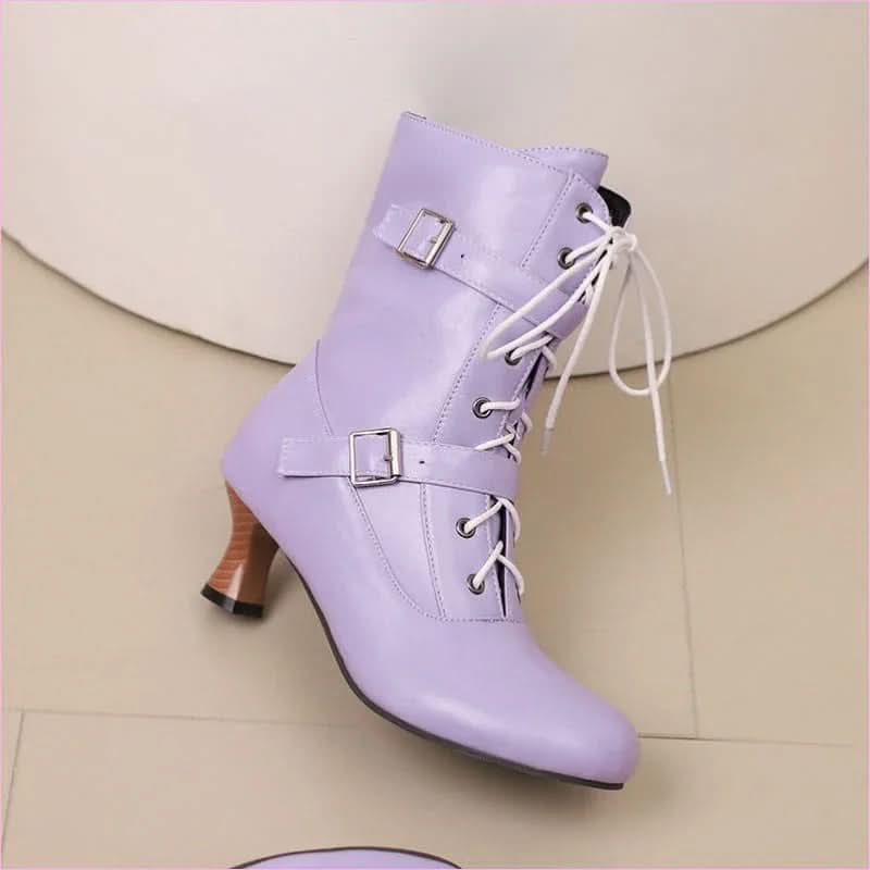 Ladies Mid Heel Lace-up Multi Buckle Ankle Boots