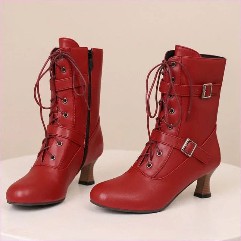 Ladies Mid Heel Lace-up Multi Buckle Ankle Boots