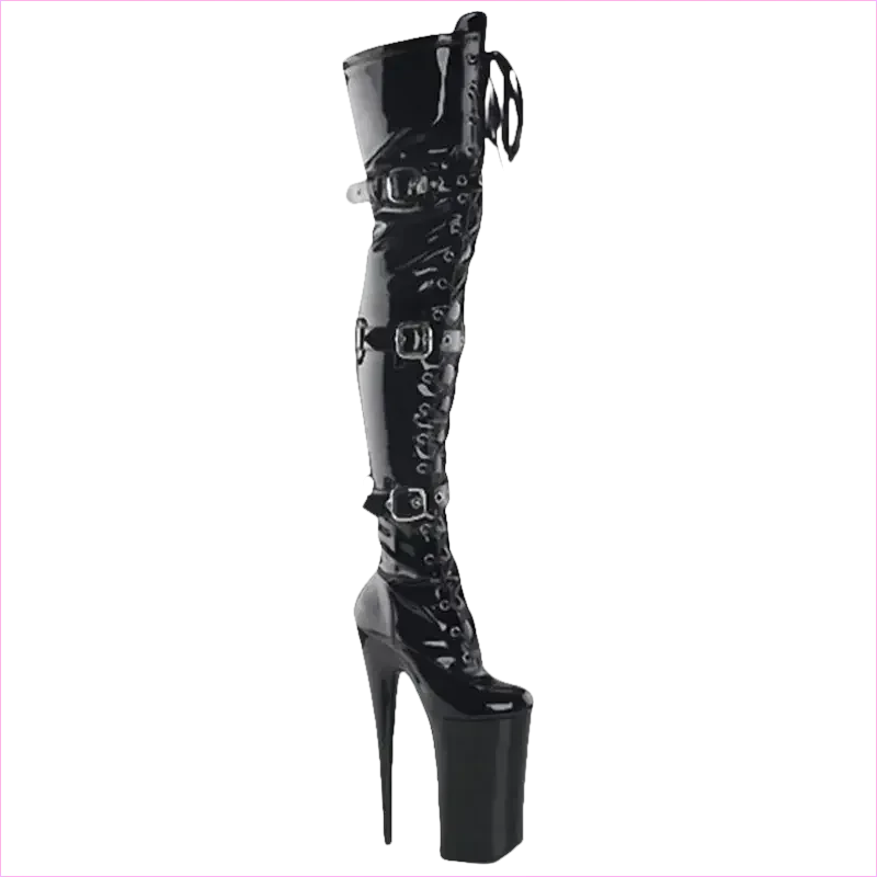 Ladies Multi Buckle Patent Boots with High 20cm Platform Heel