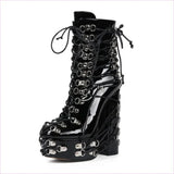 Ladies Multi Buckle Studded Platform Punk Boots Patent Lace