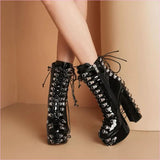 Ladies Multi Buckle Studded Platform Punk Boots Patent Lace