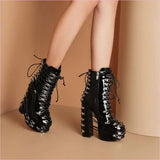 Ladies Multi Buckle Studded Platform Punk Boots Patent Lace