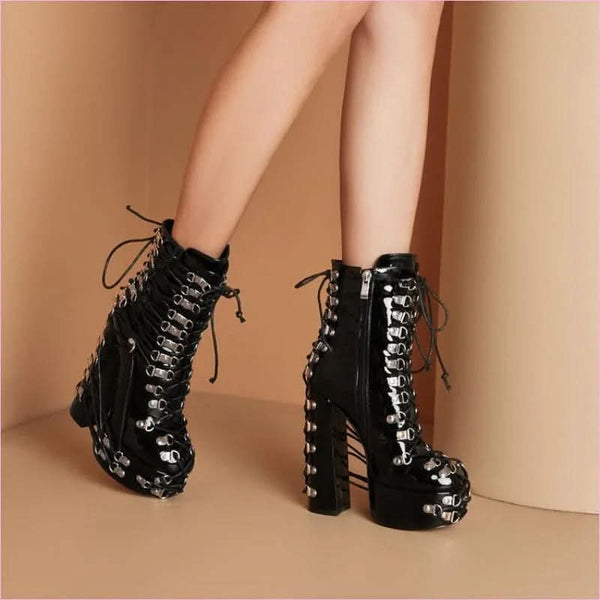 Ladies Multi Buckle Studded Platform Punk Boots Patent Lace
