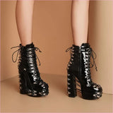 Ladies Multi Buckle Studded Platform Punk Boots Patent Lace