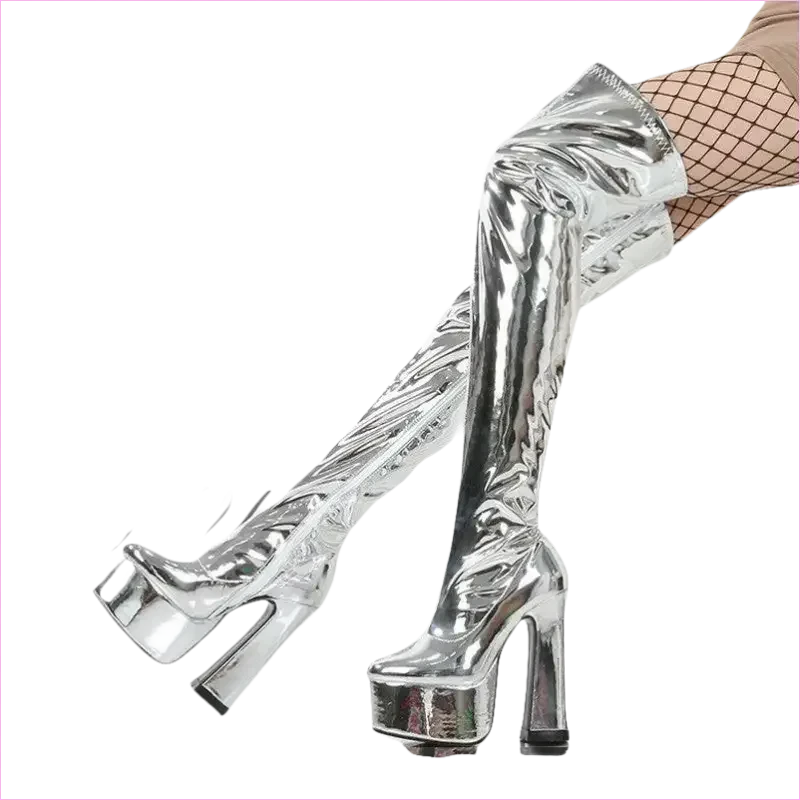 Ladies Patent Thigh Boots with 15cm Heel Drag Boots