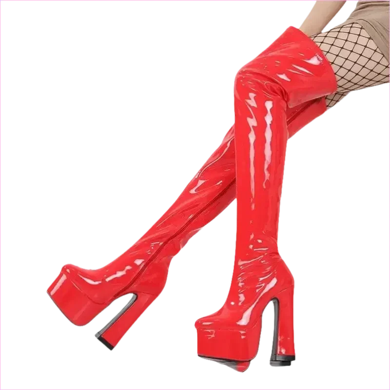Ladies Patent Thigh Boots with 15cm Heel Drag Boots