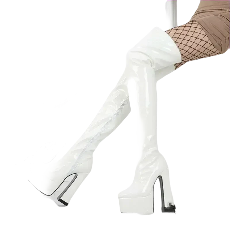 Ladies Patent Thigh Boots with 15cm Heel Drag Boots