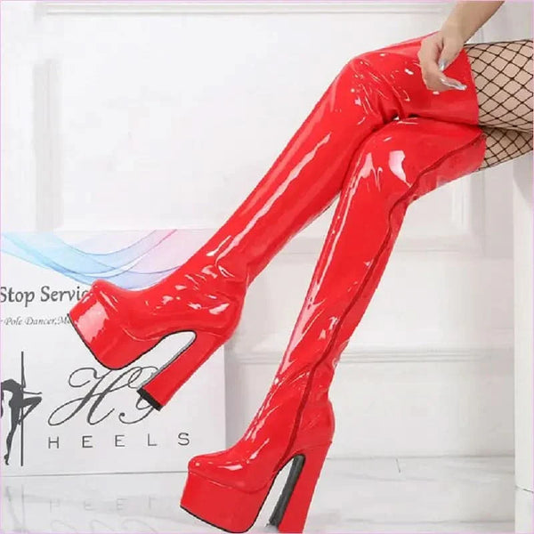 Ladies Patent Thigh Boots with 15cm Heel Drag Boots