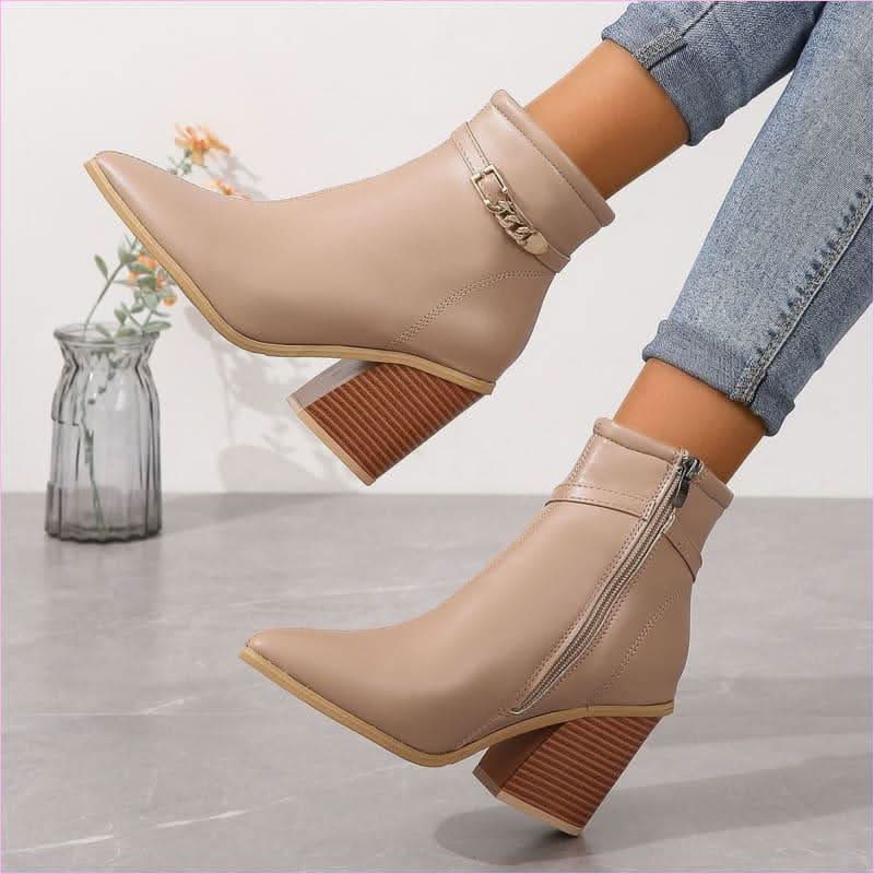 Ladies Pointed Toe Chunky Heel Boots with Zip Detail