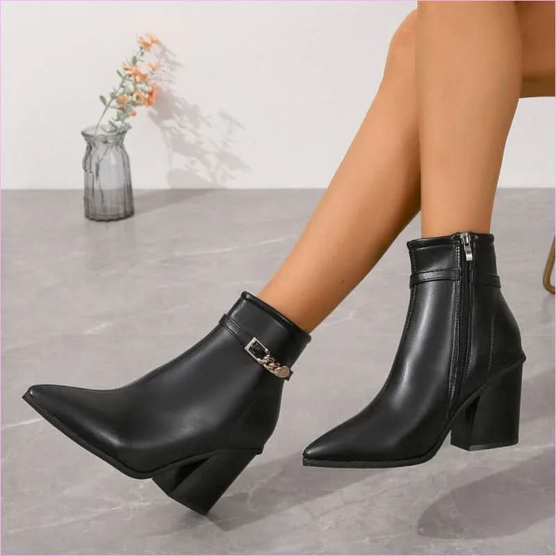 Ladies Pointed Toe Chunky Heel Boots with Zip Detail