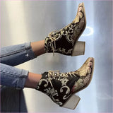 Ladies Satin Embroidered High Heel Pointed Ankle Boots