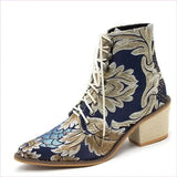 Ladies Satin Embroidered High Heel Pointed Ankle Boots