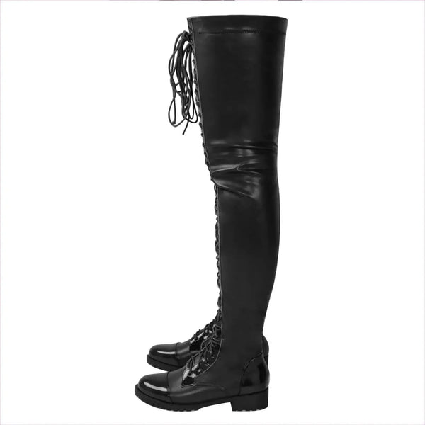 Ladies Thigh Length Lace Up Low Heel Boots