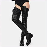 Ladies Thigh Length Lace Up Low Heel Boots