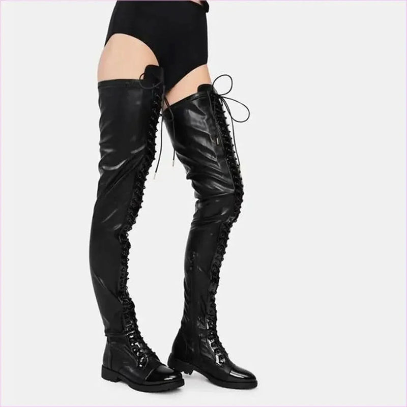 Ladies Thigh Length Lace Up Low Heel Boots