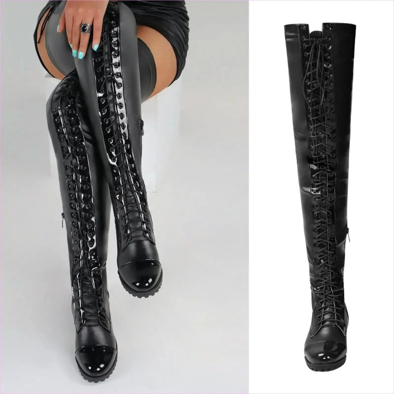 Ladies Thigh Length Lace Up Low Heel Boots