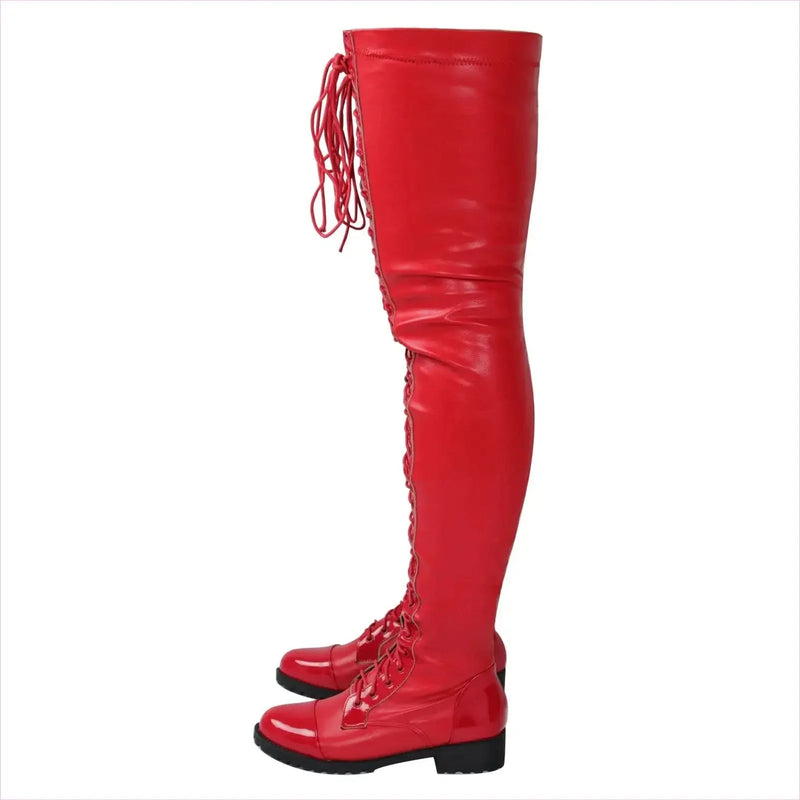 Ladies Thigh Length Lace Up Low Heel Boots
