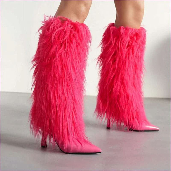 Lady Faux Fur Covered High Heel Pointed Toe Boots for Style and Elegance