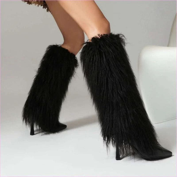 Lady Faux Fur Covered High Heel Pointed Toe Boots for Style and Elegance