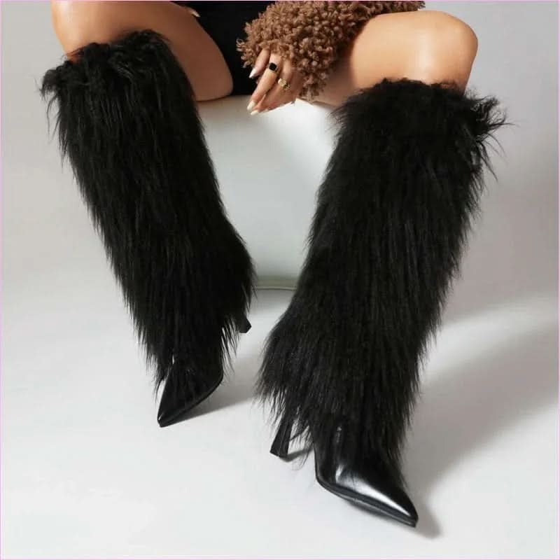 Lady Faux Fur Covered High Heel Pointed Toe Boots for Style and Elegance