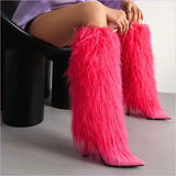 Lady Faux Fur Covered High Heel Pointed Toe Boots for Style and Elegance