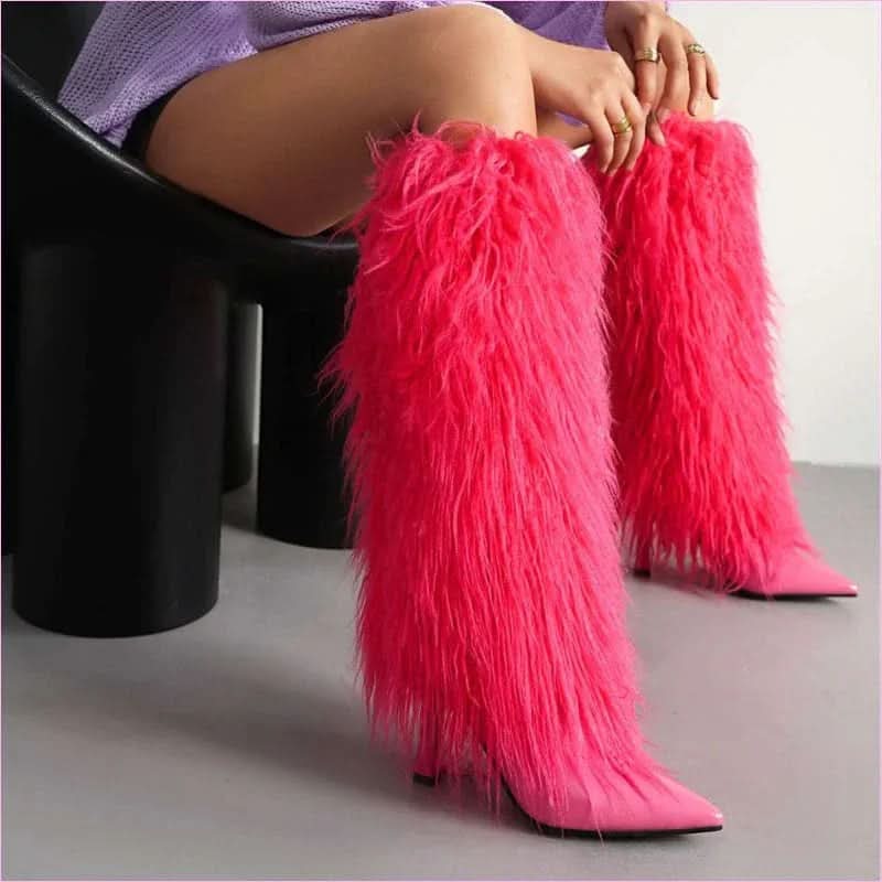 Lady Faux Fur Covered High Heel Pointed Toe Boots for Style and Elegance