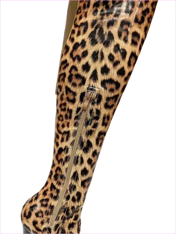 Leopard Print Patent Thigh Length Unisex Boots for Bold Styles