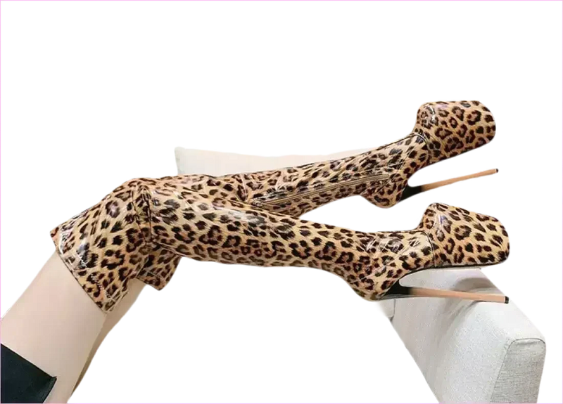 Leopard Print Patent Thigh Length Unisex Boots for Bold Styles