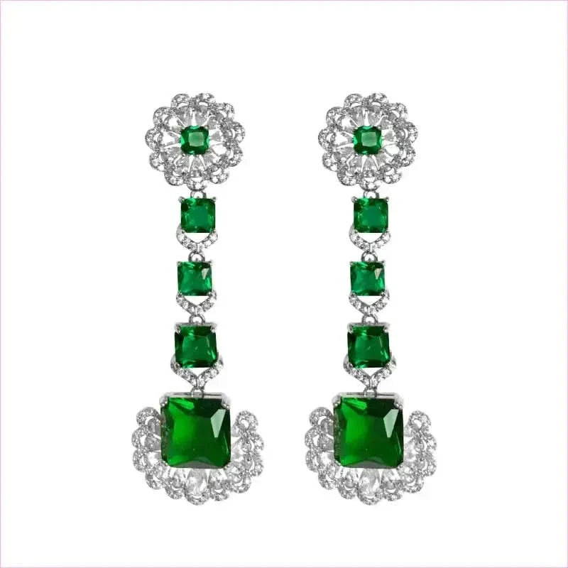 Luxurious Green Square Earrings with Emerald and Diamond Elegance