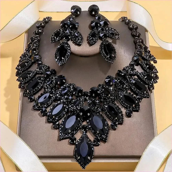 Luxury Black Rhinestone Drag Queen Necklace and Earrings Set
