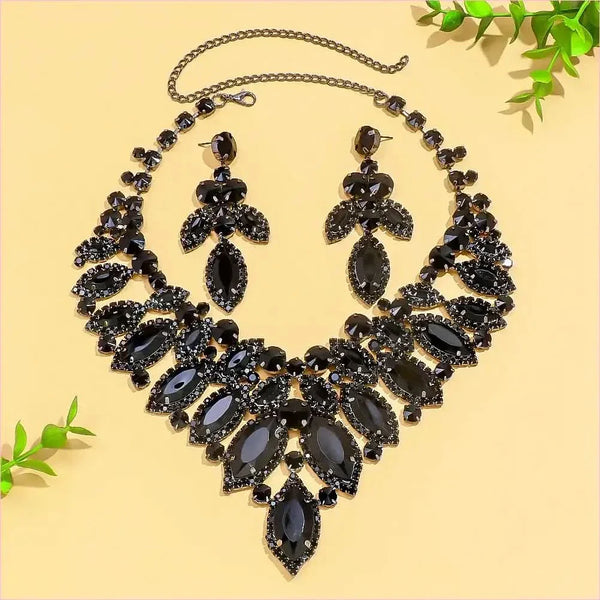 Luxury Black Rhinestone Drag Queen Necklace and Earrings Set