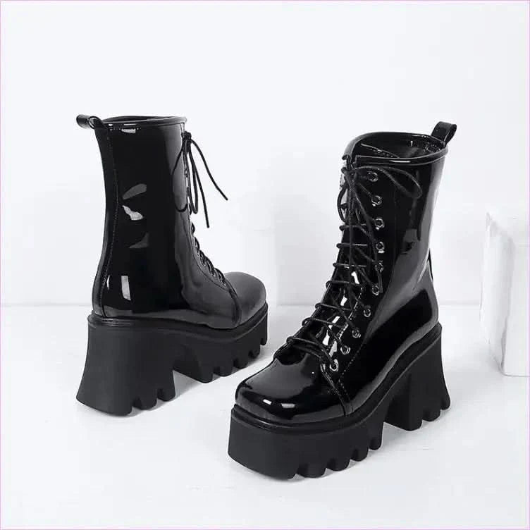 Luxury Patent Boots with Black Soles and Thick Heels