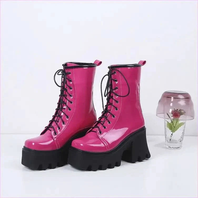 Luxury Patent Boots with Black Soles and Thick Heels
