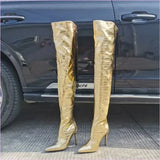Metallic Gold Thigh Length Unisex Boots with Pointed Toe