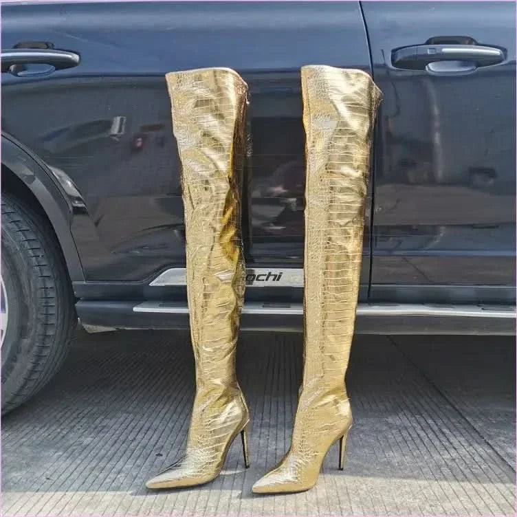 Metallic Gold Thigh Length Unisex Boots with Pointed Toe