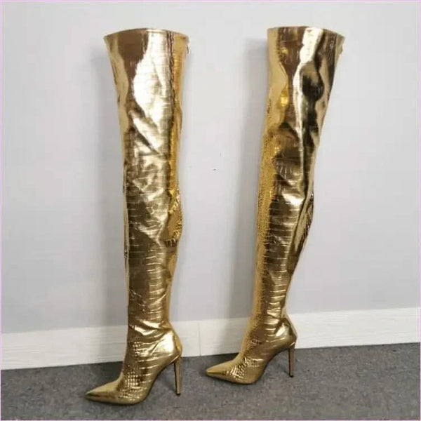Metallic Gold Thigh Length Unisex Boots with Pointed Toe