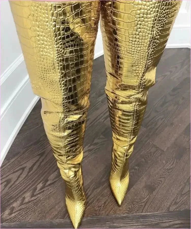 Metallic Gold Thigh Length Unisex Boots with Pointed Toe