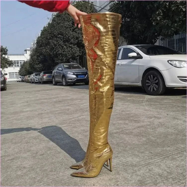 Metallic Gold Thigh Length Unisex Boots with Pointed Toe