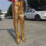 Metallic Gold Thigh Length Unisex Boots with Pointed Toe