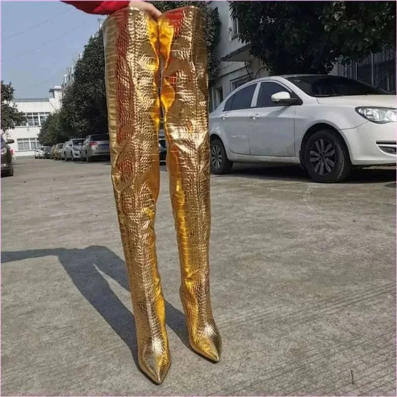 Metallic Gold Thigh Length Unisex Boots with Pointed Toe