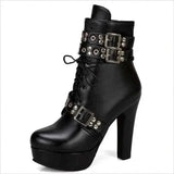 Multi Buckle High Heel Lace Up Ankle Boots in Black Leather