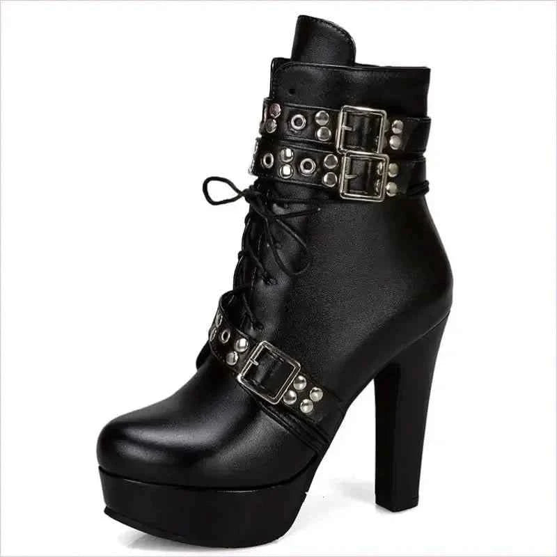 Multi Buckle High Heel Lace Up Ankle Boots in Black Leather